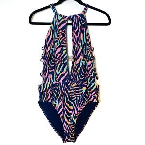 XOXO Swimsuit One Piece Size XL Halter Neck Deep Plunge NEW Colorful Side Cutout